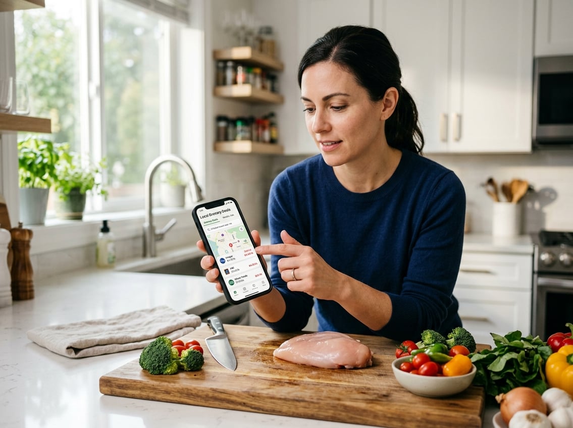 Person holding a smartphone in a kitchen with fresh chicken breast and vegetables on the counter.