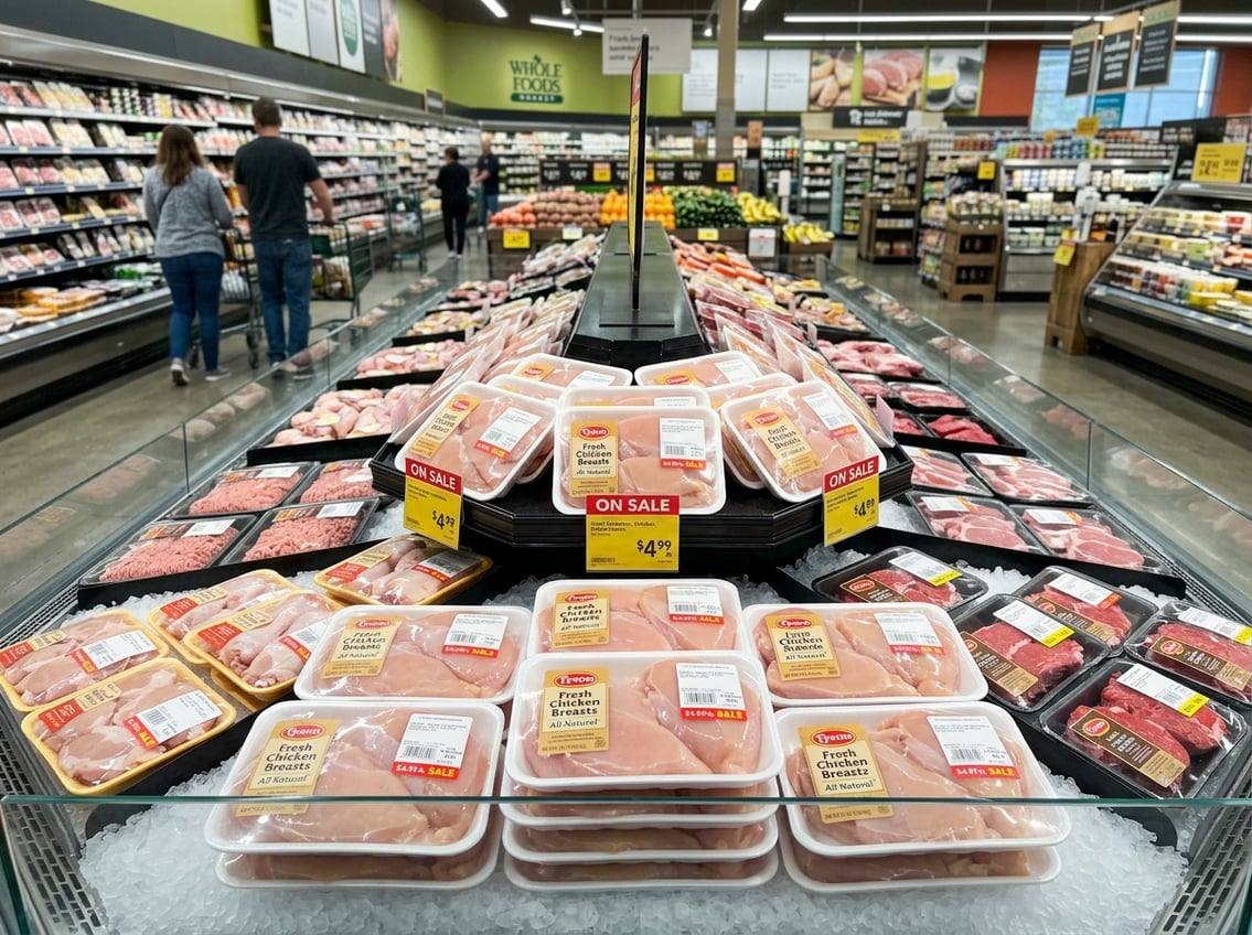 Fresh chicken breasts packaged and displayed in a grocery store meat section with price tags showing a discount.