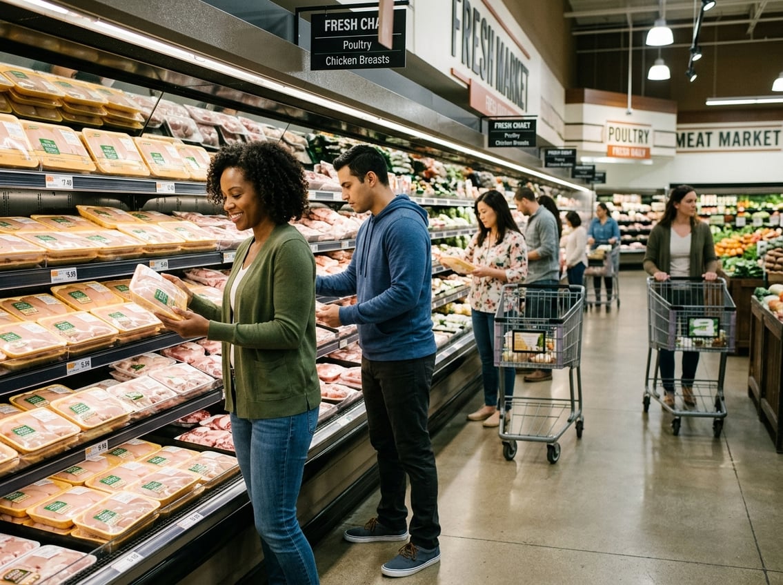 Shoppers selecting chicken breast packages in a grocery store meat aisle with visible price labels and fresh products.