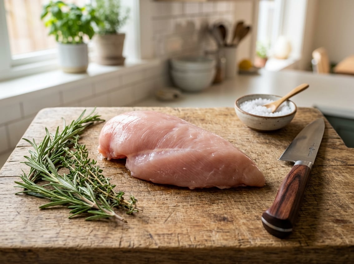 Close-up of a raw chicken breast piece on a wooden cutting board with herbs, a knife, and sea salt in a kitchen setting.