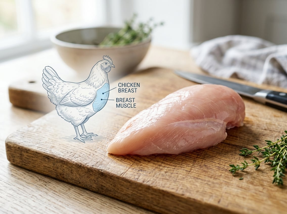Close-up of a raw chicken breast piece on a wooden cutting board with an overlay illustration highlighting the chicken's chest area.