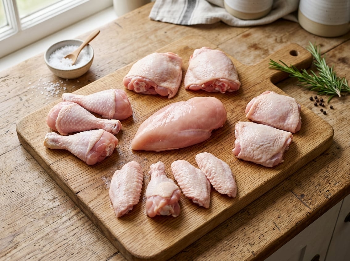 Various raw chicken cuts including a chicken breast, thighs, drumsticks, and wings arranged on a wooden cutting board.