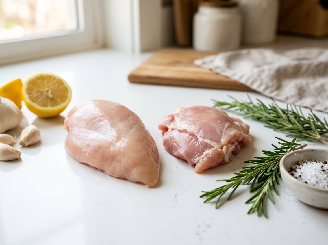 Close-up of two raw chicken pieces on a kitchen countertop with fresh herbs, garlic, salt, and lemon nearby.