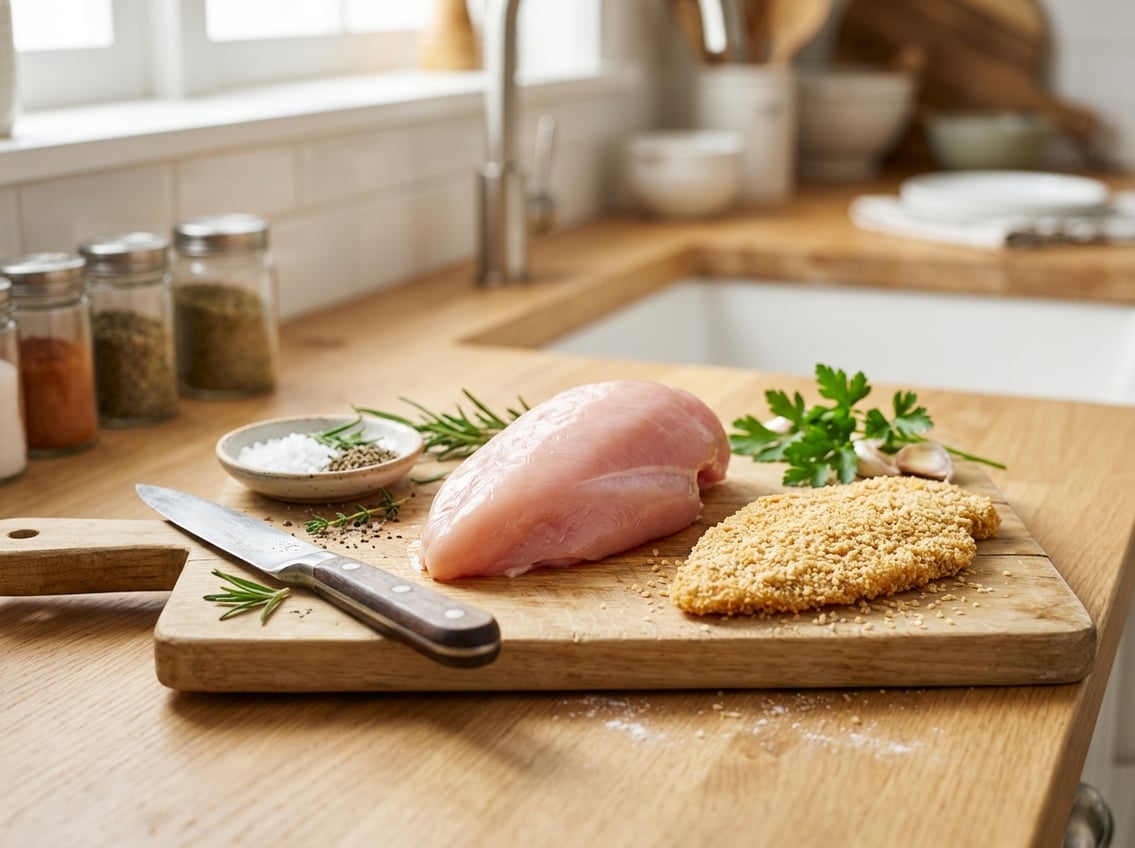 Raw chicken breast and breaded chicken cutlet displayed on wooden boards with kitchen utensils and fresh herbs on a clean countertop.