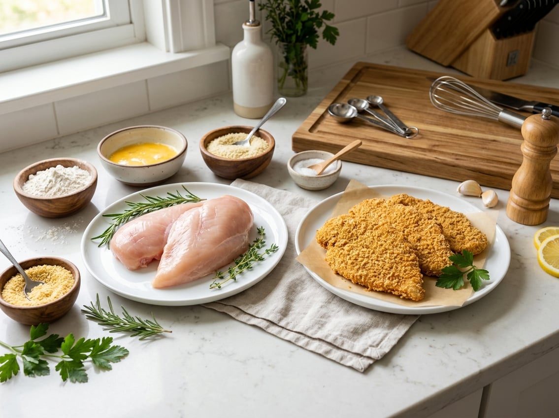 Raw chicken breast and breaded chicken cutlets displayed side by side on plates with fresh herbs and cooking ingredients on a kitchen countertop.