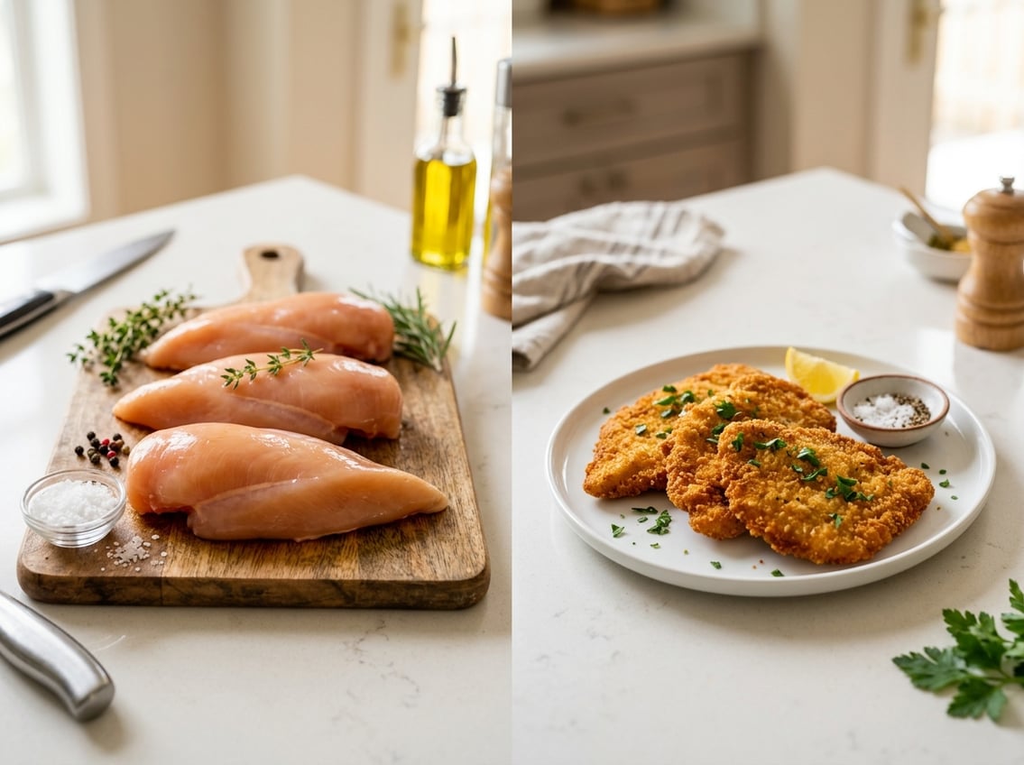 Raw chicken breasts and cooked breaded chicken cutlets displayed on a kitchen countertop with fresh garnish.