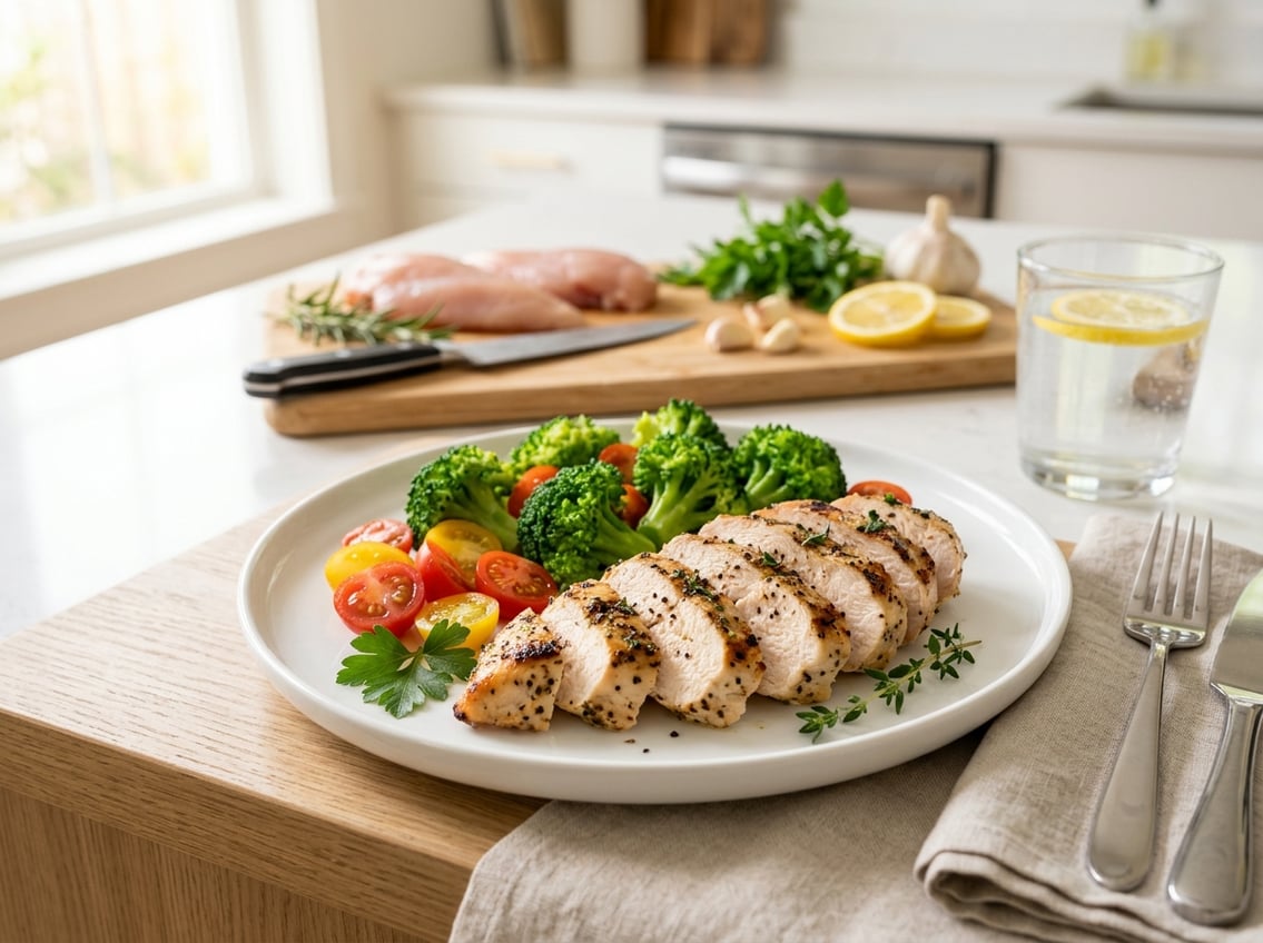A plate with cooked chicken breast slices and fresh vegetables on a kitchen table with a glass of water and herbs in the background.