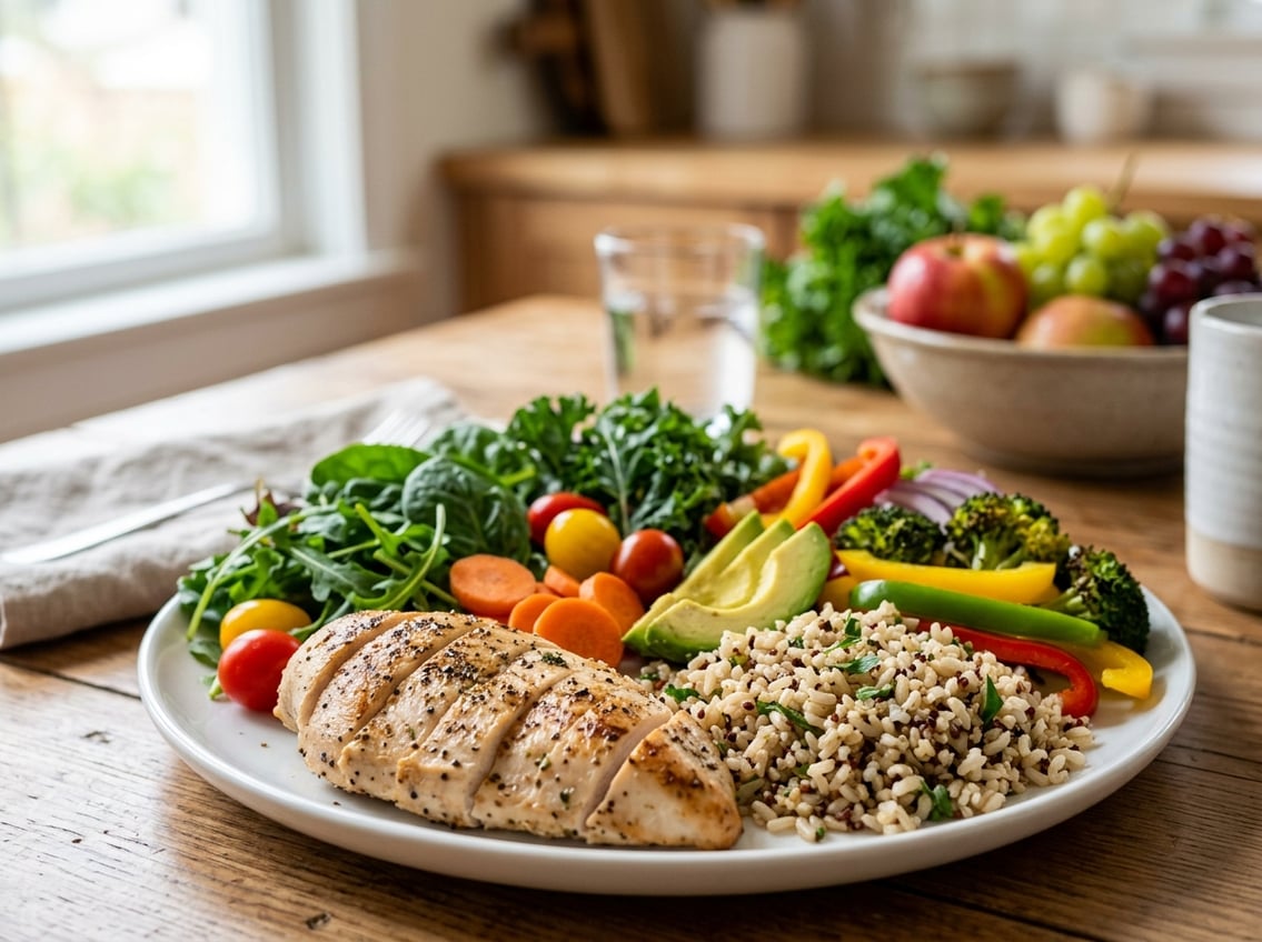 A cooked chicken breast on a plate surrounded by various fresh vegetables and grains on a kitchen table.