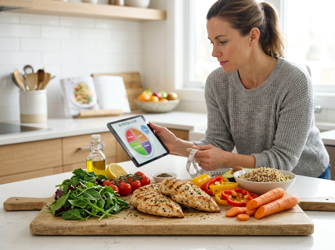A kitchen scene with cooked chicken breasts on a cutting board surrounded by fresh vegetables and a person thoughtfully looking at a nutrition chart.