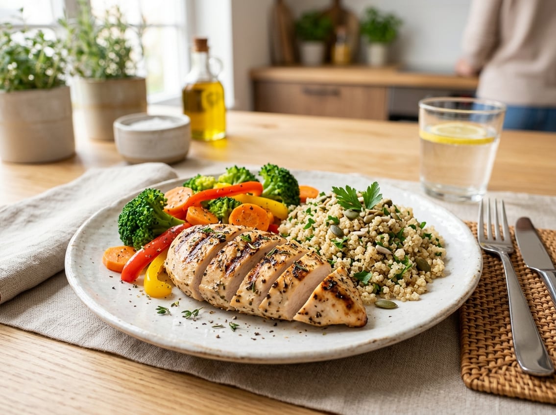 A plate with grilled chicken breast, steamed vegetables, and whole grains on a kitchen table.