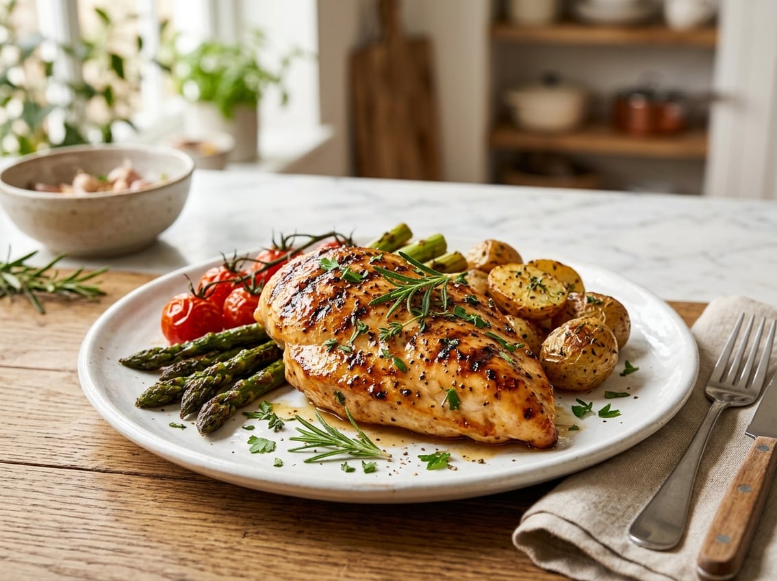 A cooked chicken breast on a plate with herbs and roasted vegetables in a kitchen setting.