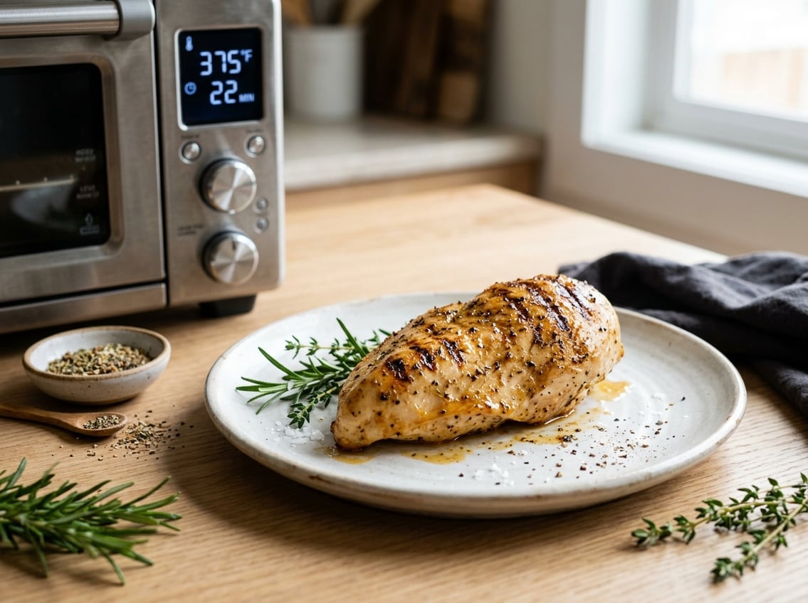 A cooked chicken breast on a plate with fresh herbs and a kitchen oven in the background.