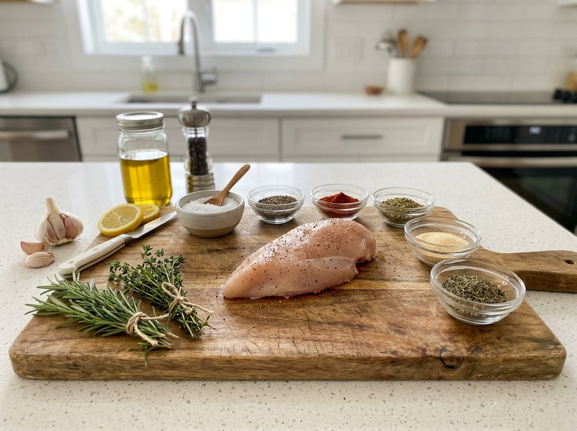 Raw chicken breast on a cutting board surrounded by bowls of seasonings and fresh herbs in a kitchen setting.