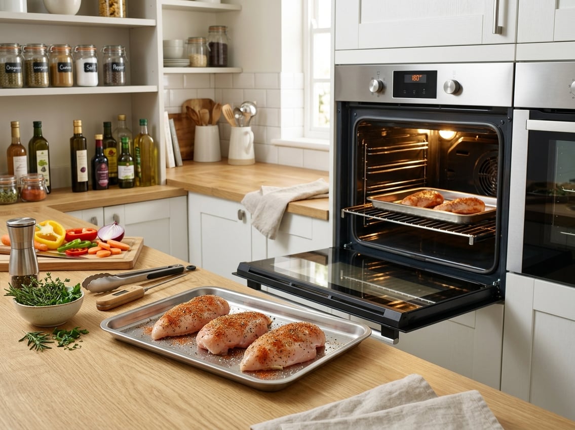 A kitchen scene showing raw chicken breasts on a baking tray ready to be cooked in an open oven, with kitchen utensils and ingredients on the countertop.