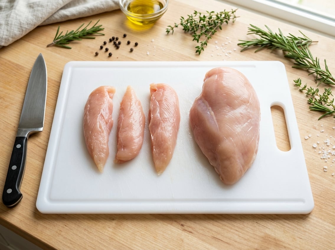 Raw chicken breast and chicken tenderloins placed side by side on a white cutting board with fresh herbs and a chef's knife nearby.