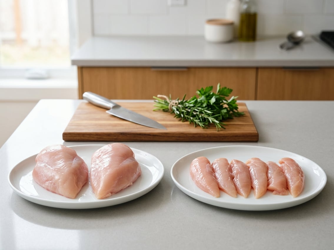 A kitchen countertop showing raw chicken breast and chicken tenderloins on separate plates with fresh herbs and a cutting board nearby.