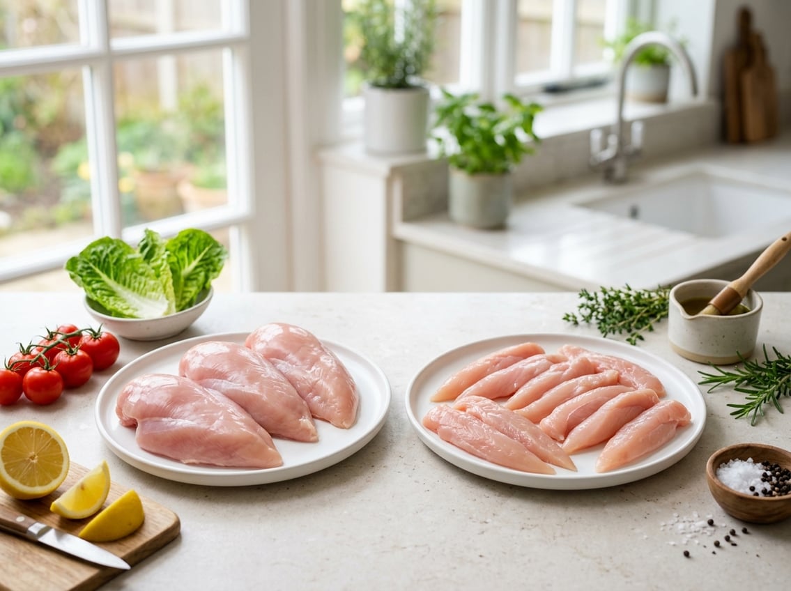 Two plates on a kitchen counter displaying raw chicken breast and chicken tenderloins surrounded by fresh vegetables.