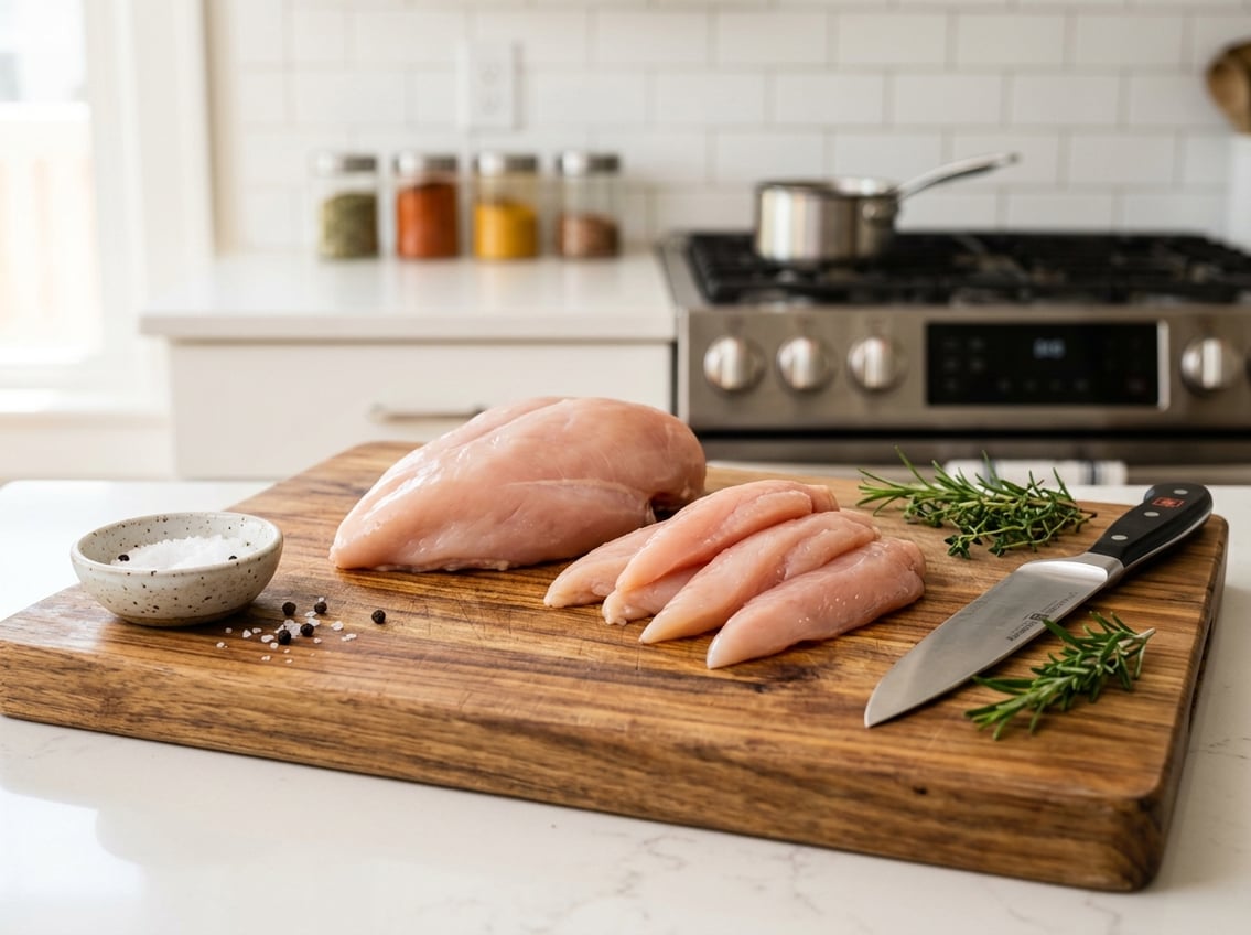 Fresh raw chicken breast and tenderloins arranged on a wooden cutting board with herbs and a kitchen knife on a countertop.