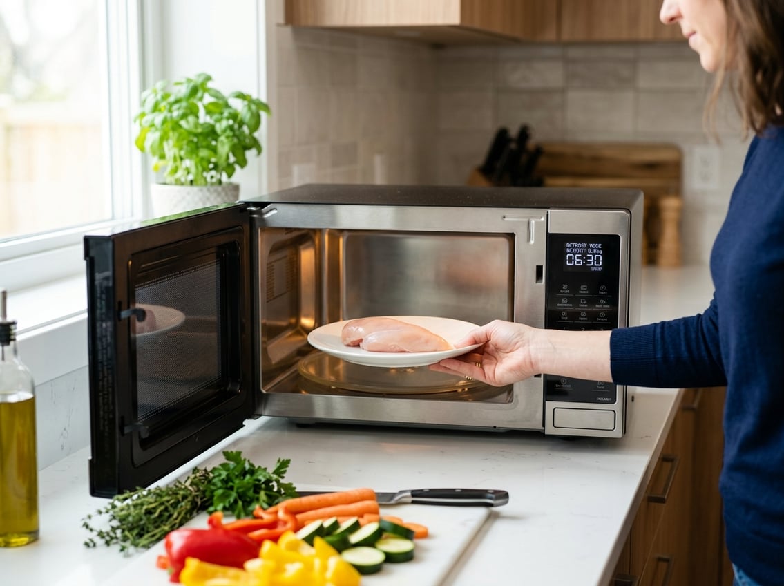 A person placing a plate with raw chicken breast inside an open microwave in a bright kitchen.