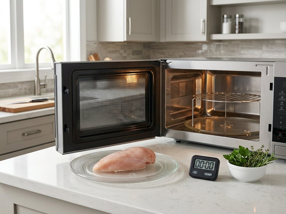 Raw chicken breast on a glass plate inside an open microwave in a bright kitchen.