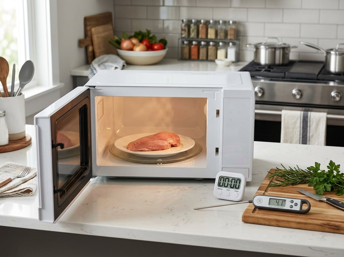 A raw chicken breast on a plate inside an open microwave in a clean kitchen with cooking utensils and fresh ingredients nearby.