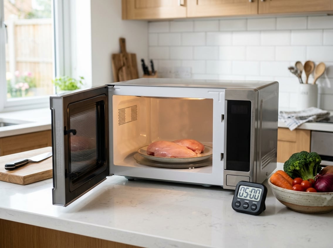 A microwave oven with a plate of raw chicken breasts inside on a kitchen counter with fresh vegetables and kitchen utensils nearby.