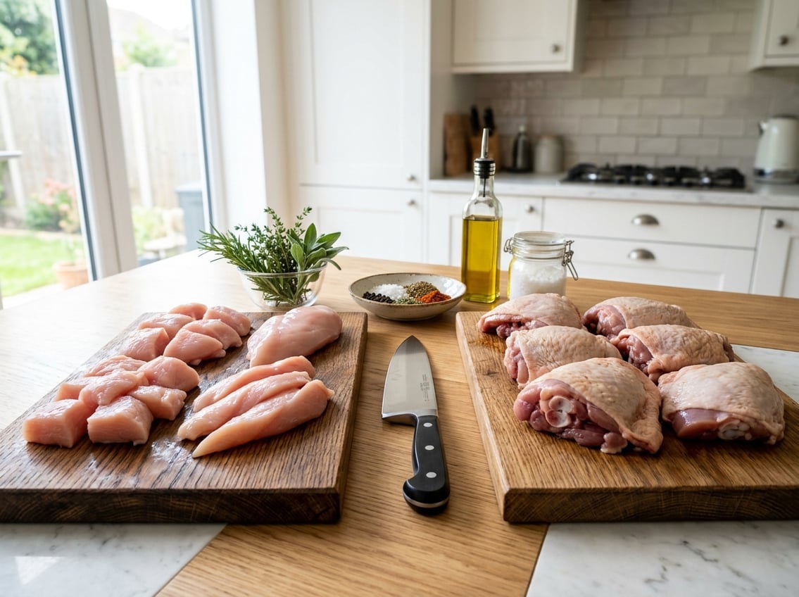 A kitchen countertop with raw chicken breasts on one cutting board and chicken thighs on another, surrounded by fresh herbs and spices.