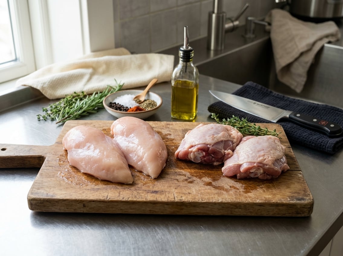 Raw chicken breast and thighs on a wooden cutting board with herbs and cooking ingredients in a kitchen setting.