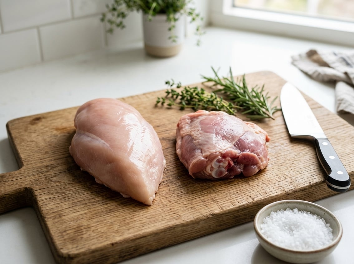 Close-up of raw chicken breast and chicken thigh on a wooden cutting board with herbs and a knife nearby.