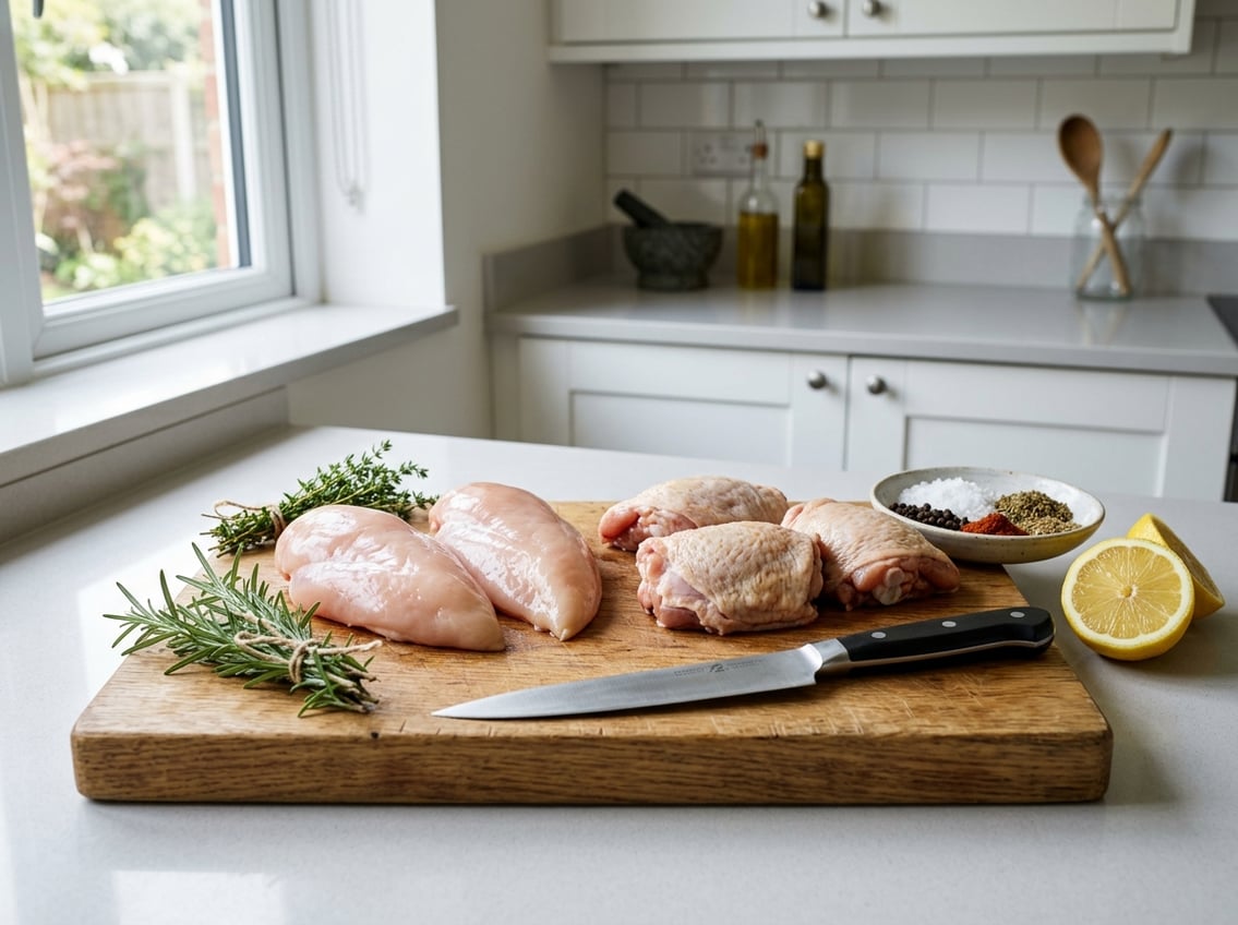 Fresh raw chicken breasts and thighs on a cutting board in a bright kitchen with herbs and spices nearby.