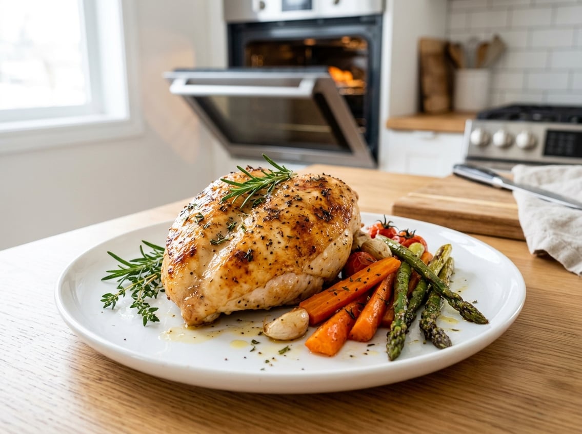 A cooked chicken breast on a white plate with roasted vegetables and fresh herbs on a kitchen countertop.