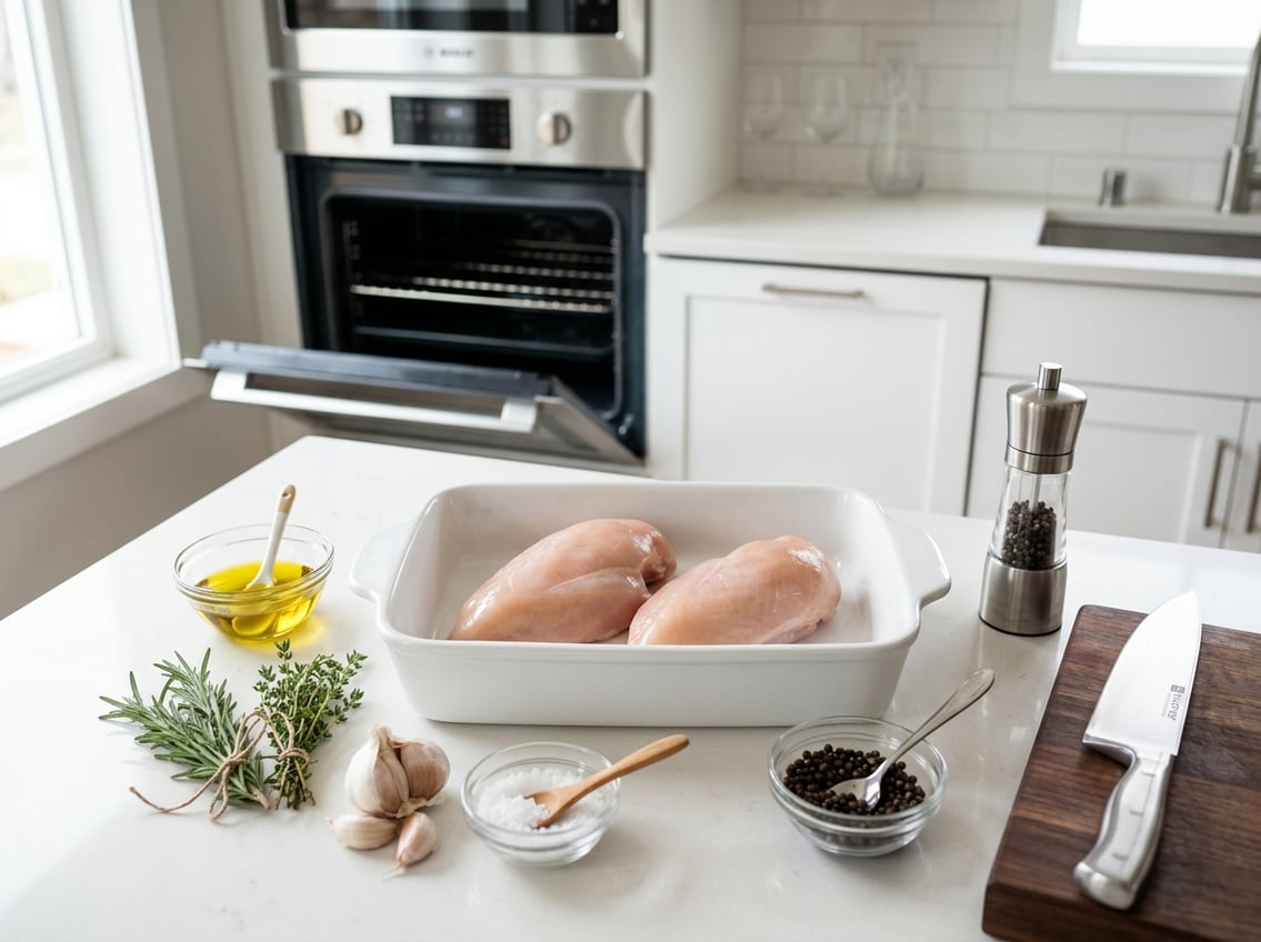 Raw chicken breasts in a baking dish on a kitchen counter with cooking ingredients and an open oven in the background.