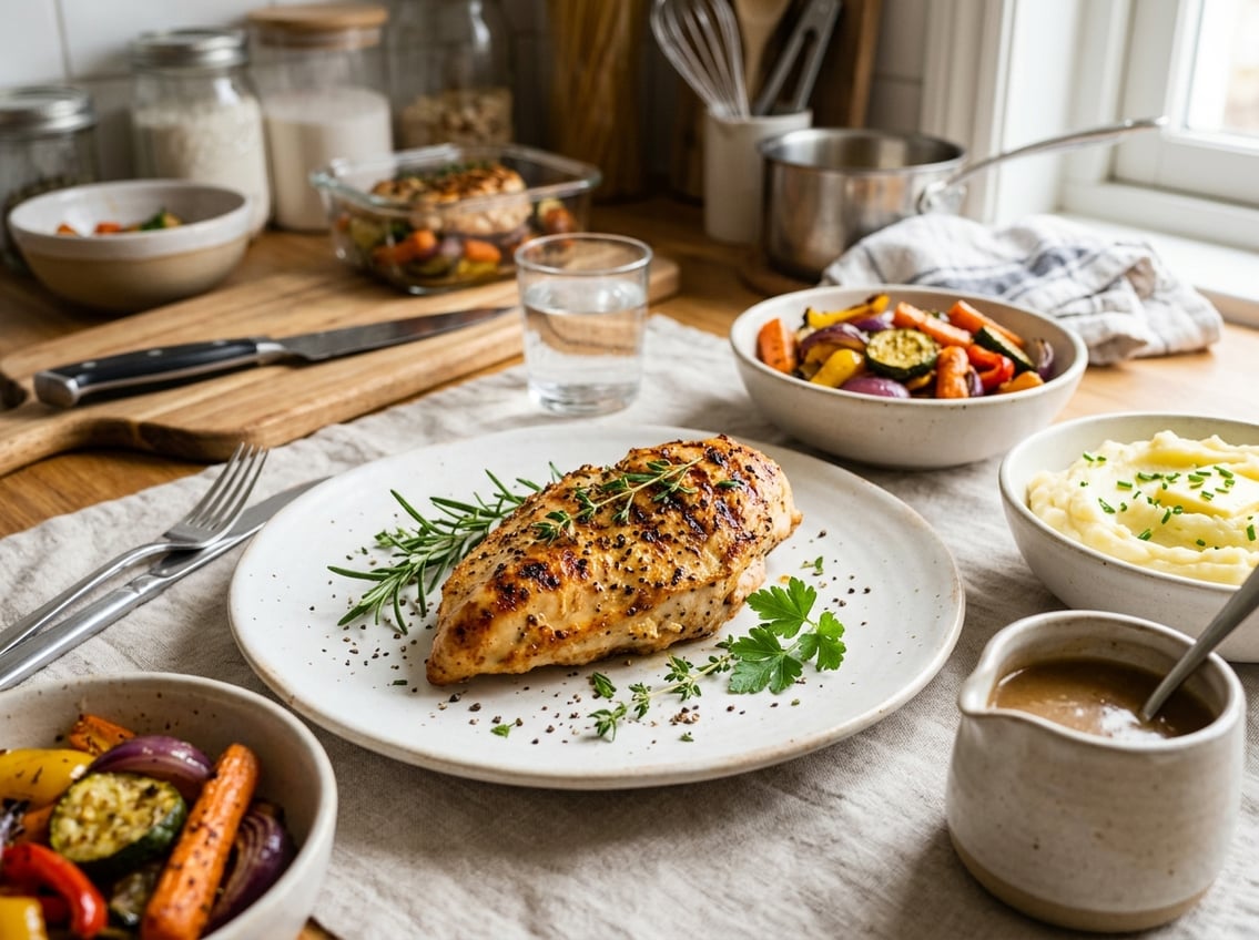 A cooked chicken breast on a plate with roasted vegetables, mashed potatoes, and sauce on a kitchen table.