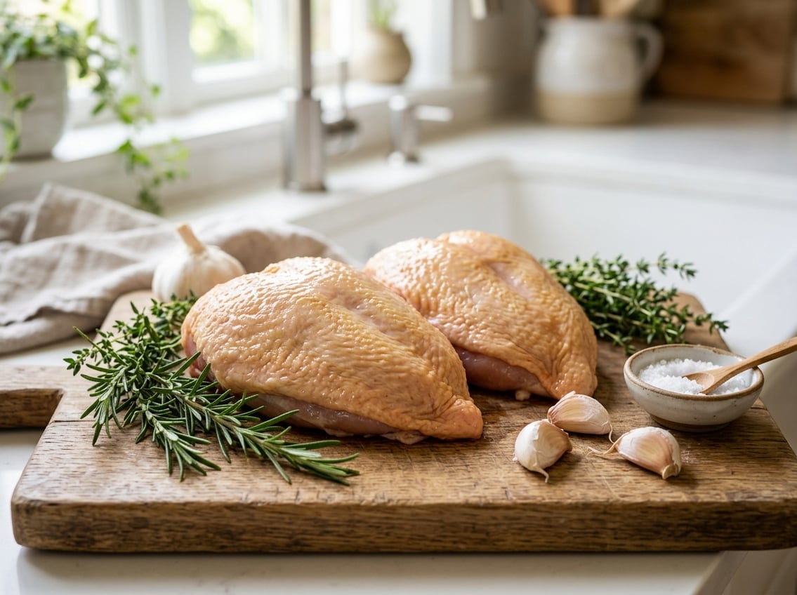 Fresh raw chicken breasts with skin on arranged on a wooden cutting board with herbs and garlic on a kitchen countertop.