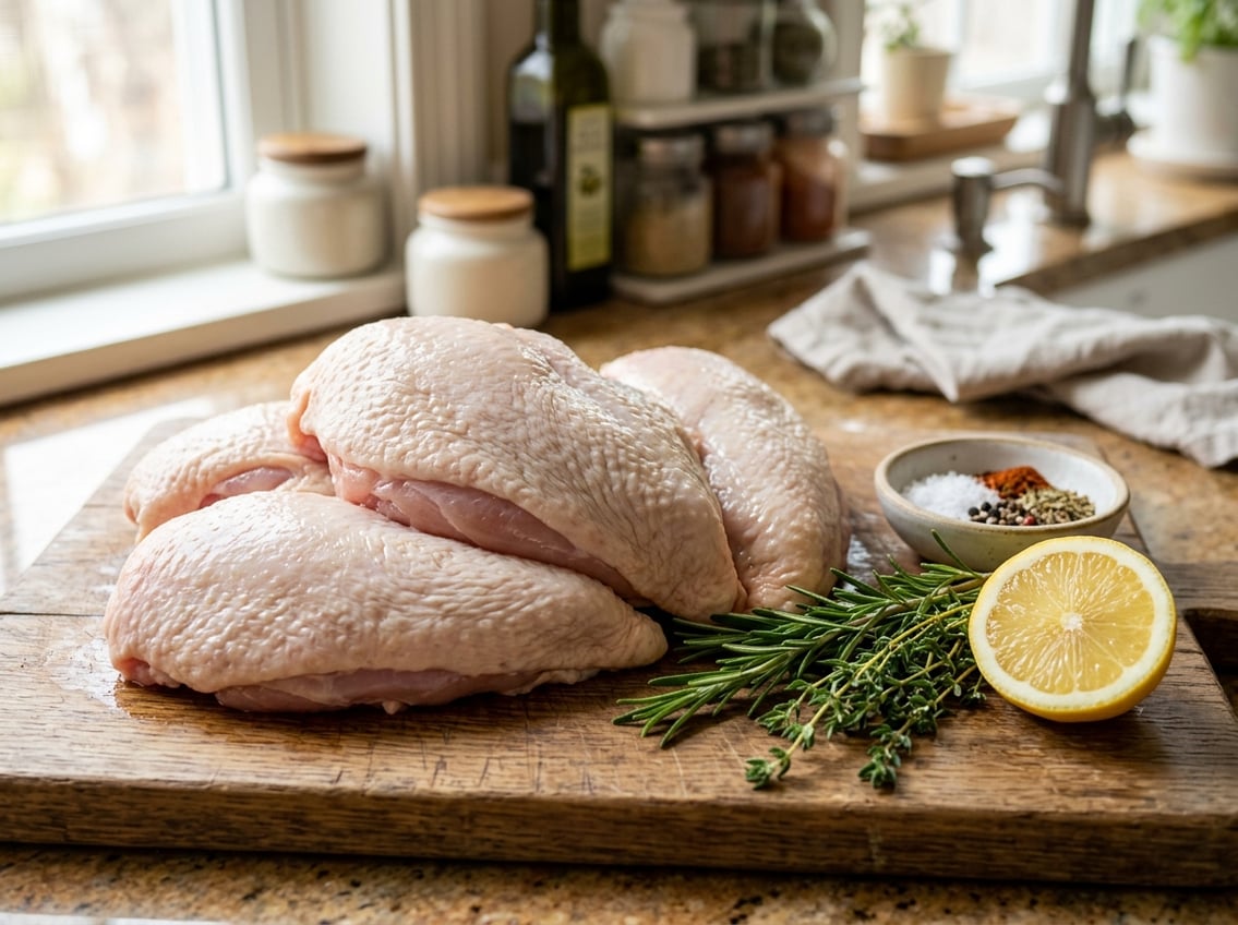 Fresh raw chicken breasts with skin on arranged on a wooden cutting board with herbs and lemon slices in a bright kitchen.