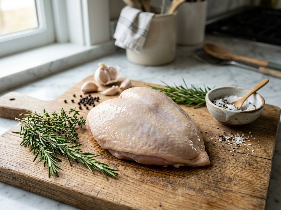 Raw chicken breast with skin on placed on a wooden cutting board surrounded by herbs and spices in a kitchen setting.