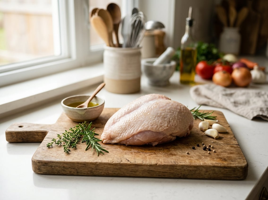 Raw chicken breast with skin on on a wooden cutting board surrounded by herbs and garlic in a kitchen.