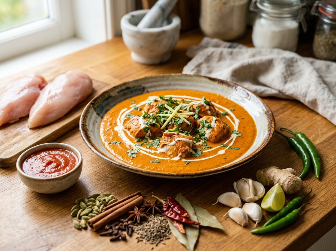 A plate of butter chicken made with chicken breast, garnished with cilantro and cream, surrounded by raw chicken and spices on a kitchen countertop.