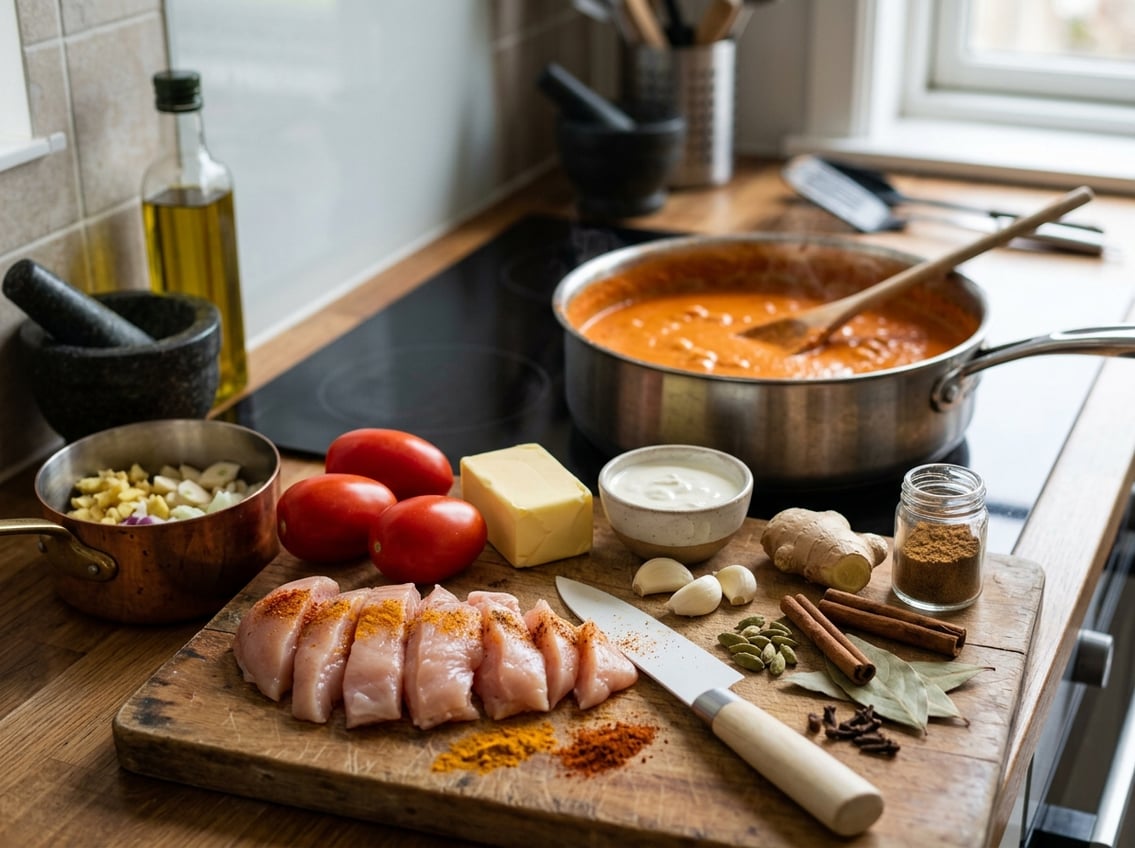 Close-up of chicken breast pieces and fresh ingredients next to a saucepan with creamy makhani sauce cooking on a stove.