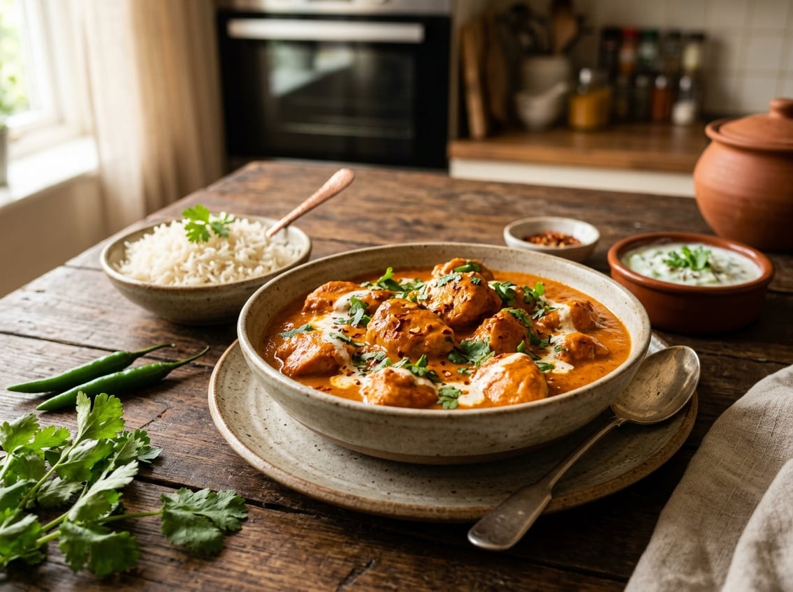 A plate of butter chicken with chicken breast pieces in creamy tomato sauce, served with rice and garnished with fresh herbs on a wooden table.