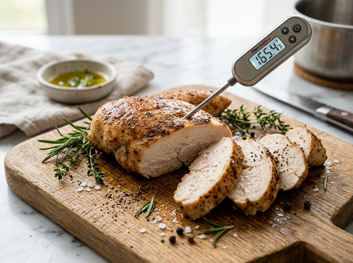 Close-up of sliced cooked chicken breast with a meat thermometer showing the safe internal temperature, placed on a cutting board with fresh herbs nearby.