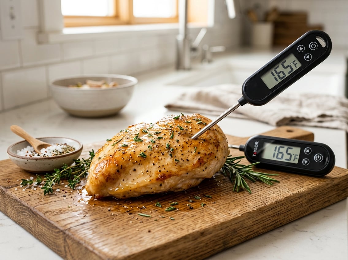 Close-up of a cooked chicken breast with a digital meat thermometer inserted, on a wooden cutting board in a kitchen.