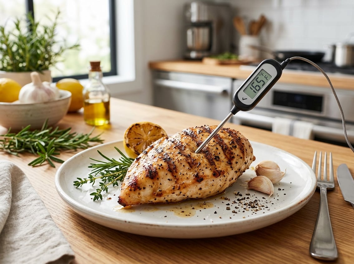 Close-up of a cooked chicken breast with a meat thermometer inserted, surrounded by fresh herbs and cooking utensils in a kitchen setting.