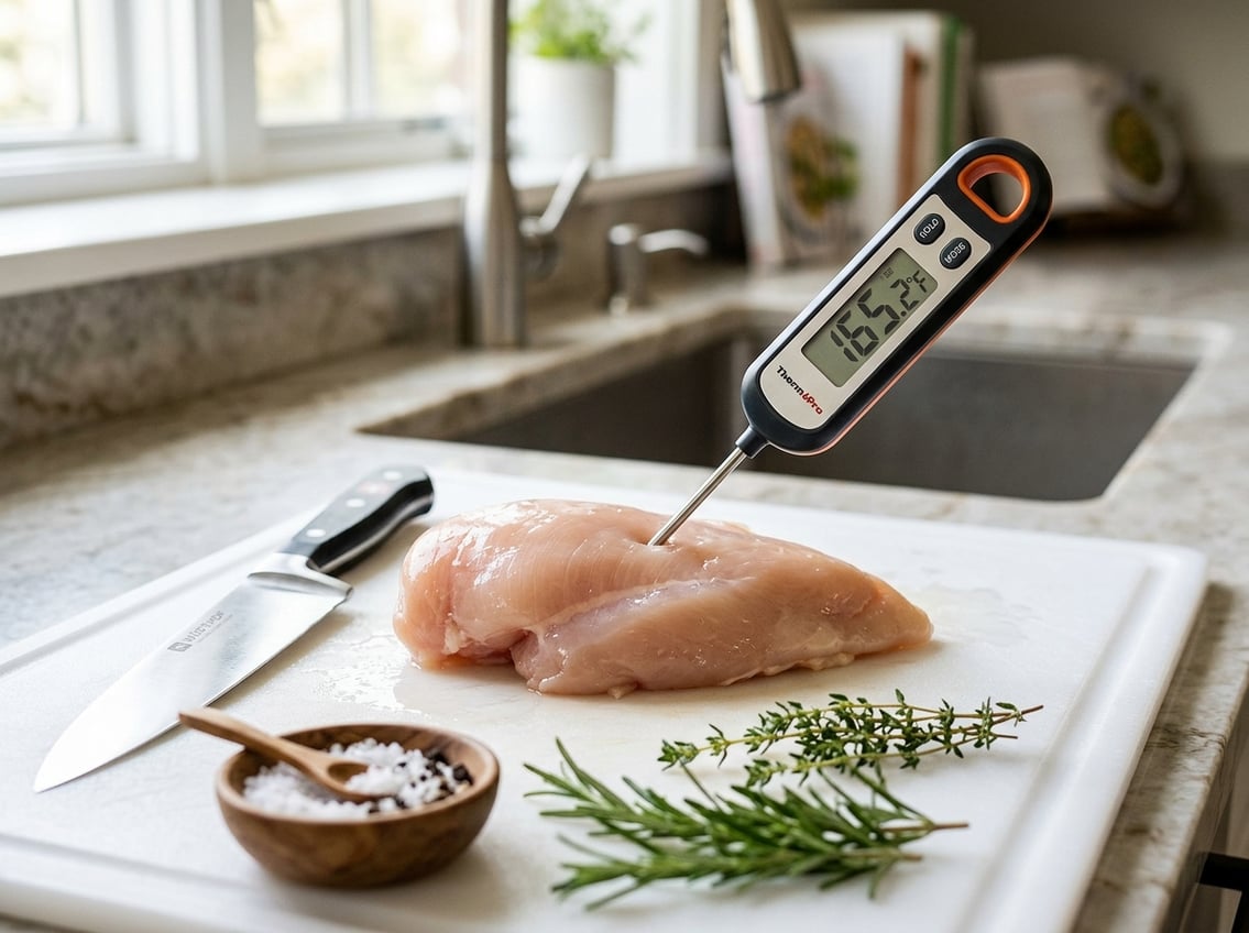 Close-up of a raw chicken breast with a digital meat thermometer inserted, surrounded by herbs and spices on a cutting board in a kitchen.