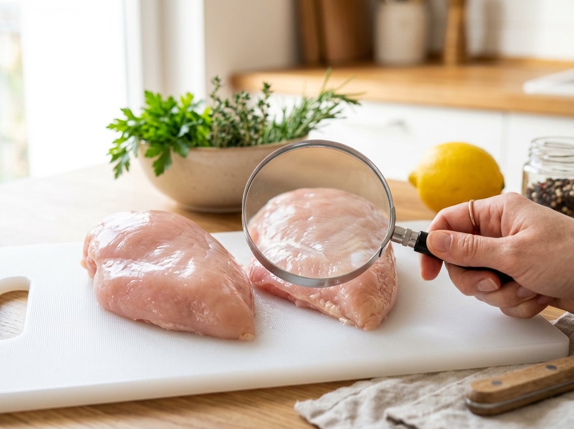 Close-up of fresh chicken breasts on a cutting board with a hand holding a magnifying glass inspecting the meat.