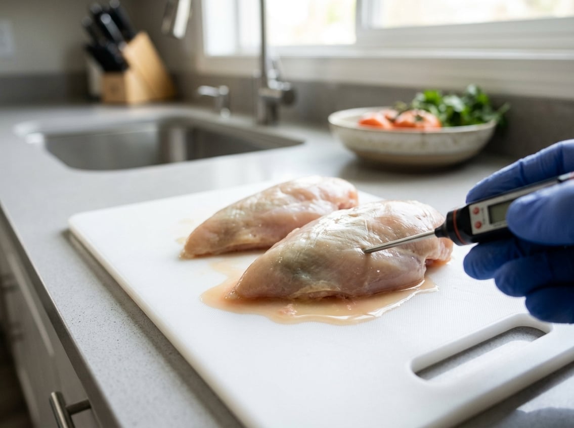Close-up of raw chicken breasts on a cutting board with a gloved hand holding a food thermometer nearby in a kitchen.