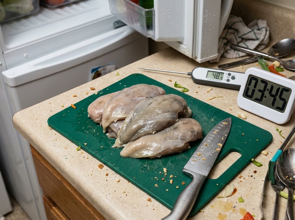 Raw chicken breasts on a cutting board showing signs of spoilage with a refrigerator door open, a thermometer displaying unsafe temperature, and an unwashed knife nearby.