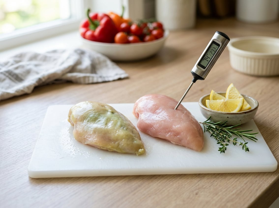 Close-up of raw chicken breasts on a cutting board with a thermometer and fresh herbs in a kitchen setting.