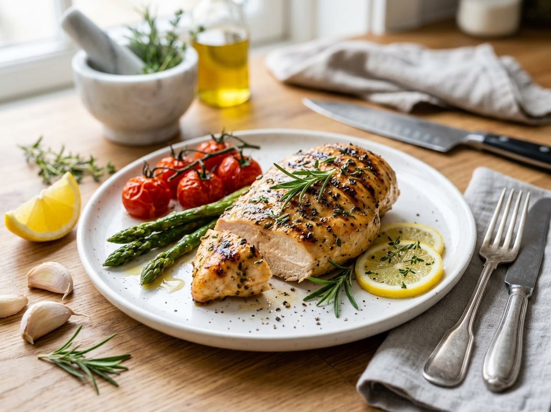 A juicy cooked chicken breast garnished with herbs on a white plate, surrounded by fresh vegetables and ingredients on a kitchen countertop.