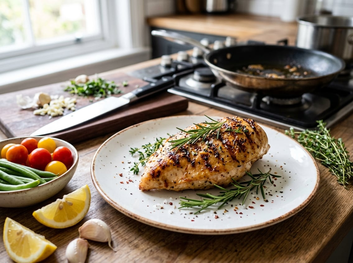 Close-up of a cooked chicken breast garnished with herbs on a plate surrounded by fresh vegetables and kitchen tools.